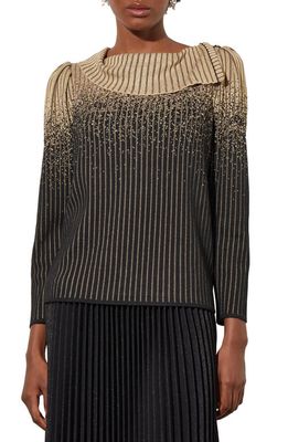 Ming Wang Stripe Split Cowl Neck Sweater in Black/Gold