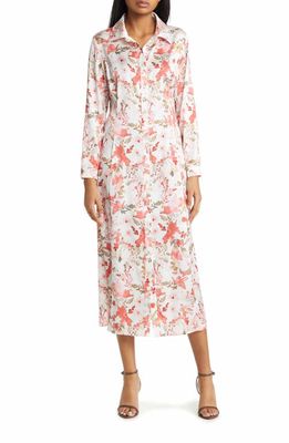 Ming Wang Watercolor Floral Long Sleeve Crêpe de Chine Shirtdress in Sunkissed Coral/Multi