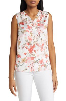 Ming Wang Watercolor Floral Sleeveless V-Neck Blouse in Sunkissed Coral/Multi
