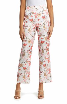 Ming Wang Watercolor Floral Wide Leg Pants in Sunkissed Coral/Multi
