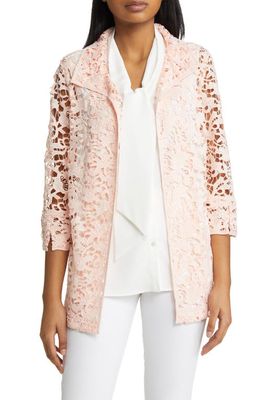 Ming Wang Wing Collar Woven Lace Jacket in Pink Satin