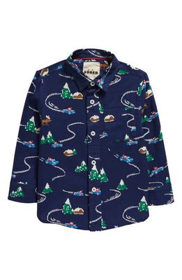 Mini Boden Festive Print Brushed Flannel Button-Up Shirt in College Navy Festive Scene