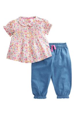 Mini Boden Floral Cotton Blouse & Denim Pants Set in Berry Pink Butterfly