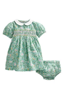 Mini Boden Floral Smocked Bodice Cotton Dress & Bloomers Set in Ivory And Green Bunny