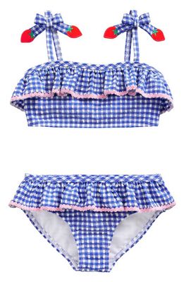 Mini Boden Frilly Seersucker Two-Piece Swimsuit in Blue Gingham Strawberries