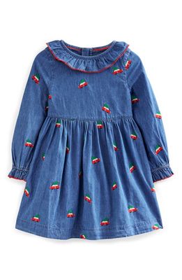Mini Boden Holiday Embroidered Festive Chambray Dress in Festive Car Embroidery
