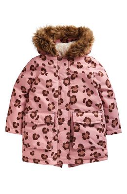 Mini Boden Kid's Animal Print Hooded Waterproof Parka with Faux Fur Trim in Almond Pink Animal Print