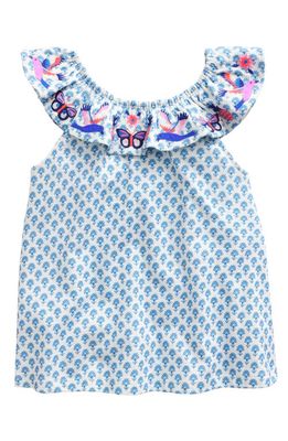 Mini Boden Kids' Appliqué Frill Embroidered Top in Blue Woodblock Butterflies