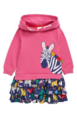 Mini Boden Kids' Appliqué Hooded Sweatshirt Dress in Pink Global Animals Zebra