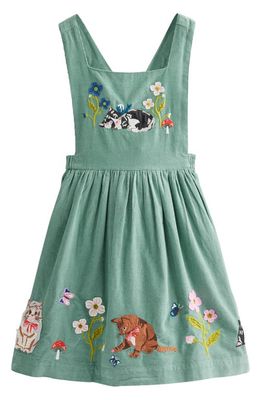 Mini Boden Kids' Appliqué Kitten Cotton Corduroy Pinafore Dress in Green Smoke