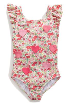 Mini Boden Kids' Appliqué Ruffle One-Piece Swimsuit in Flowerbed Hearts