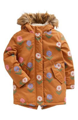Mini Boden Kids' Authentic Floral High Pile Fleece Lined Parka with Faux Fur Trim in Butterscotch Floral