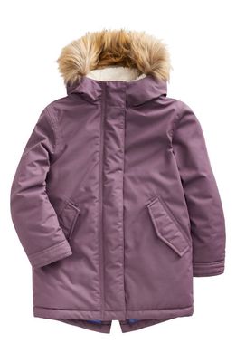 Mini Boden Kids' Authentic High Pile Fleece Lined Parka with Faux Fur Trim in Misty Lavender