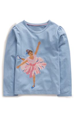 Mini Boden Kids' Ballerina Appliqué Long Sleeve Cotton T-Shirt in Pebble Blue Ballerina