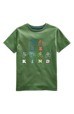 Mini Boden Kids' Be Kind Embroidered T-Shirt in Safari Green Be Kind