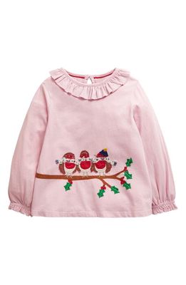 Mini Boden Kids' Bird Appliqué Long Sleeve Cotton T-Shirt in Cameo Pink Robins