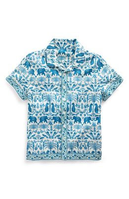 Mini Boden Kids' Border Print Short Sleeve Cotton & Linen Button-Up Camp Shirt in Sapphire Woodblock Tropical