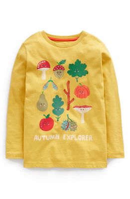 Mini Boden Kids' Botanical Print Long Sleeve Graphic T-Shirt in Oil Yellow Autumn Explorer