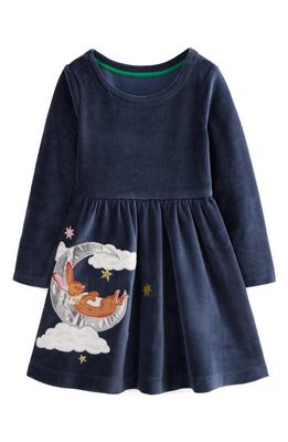 Mini Boden Kids' Bunny Appliqué Long Sleeve Velour Dress in French Navy Bunny