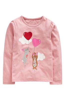 Mini Boden Kids' Bunny Balloon Appliqué Cotton T-Shirt in Blush Pink Bunny