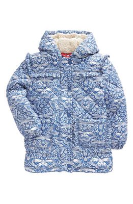 Mini Boden Kids' Butterfly Hooded Puffer Jacket with High Pile Fleece Lining in Delft Blue Butterfly