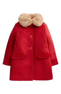 Mini Boden Kids' Button Front Coat with Faux Fur Collar in Cranberry Red