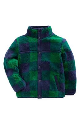 Mini Boden Kids' Check High Pile Fleece Snap-Up Jacket in Green Check