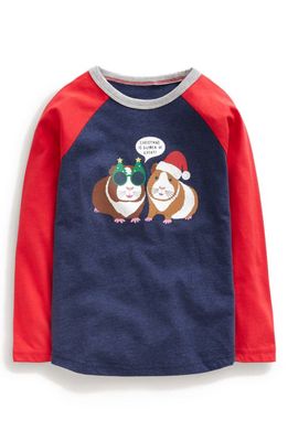 Mini Boden Kids' Christmas Guinea Pig Raglan Sleeve Cotton Graphic T-Shirt in Rockabilly Red/Blue Marl