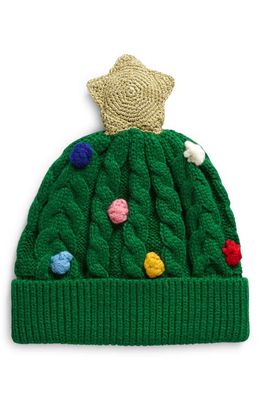 Mini Boden Kids' Christmas Tree Cable Stitch Beanie in Green