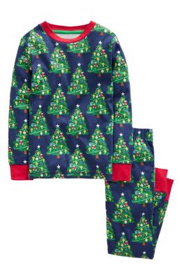 Mini Boden Kids' Christmas Tree Glow in the Dark Fitted Two-Piece Cotton Pajamas in Navy Christmas