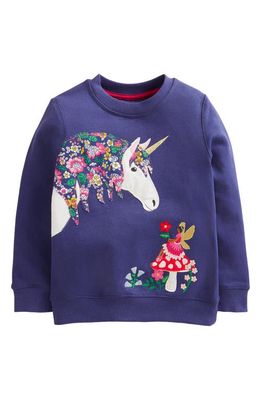 Mini Boden Kids' Cozy Appliqué Sweatshirt in Starboard Blue Unicorn