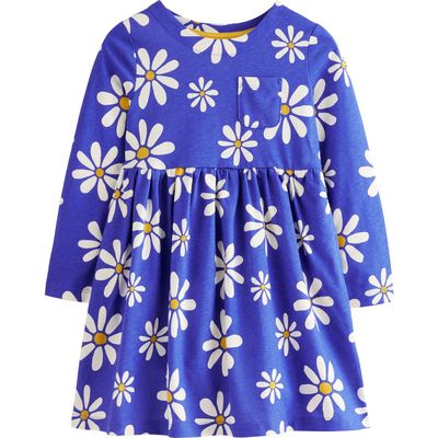 Mini Boden Kids' Daisy Print Long Sleeve Cotton Dress in Sapphire Blue Daisies