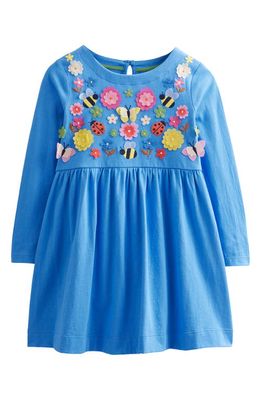 Mini Boden Kids' Embellished Long Sleeve Cotton Dress in Penzance Blue Floral