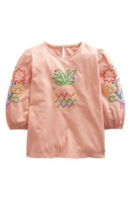 Mini Boden Kids' Embroidered Cotton Top in Dusty Pink Pineapple
