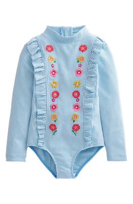 Mini Boden Kids' Embroidered Long Sleeve One-Piece Swimsuit in Ivory Surfboard Blue Stripe