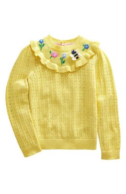 Mini Boden Kids' Embroidered Pointelle Cotton Sweater in Soft Lemon
