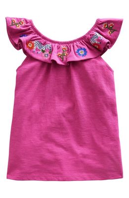 Mini Boden Kids' Embroidered Ruffle Shoulder Cotton Tank in Pink Zebras