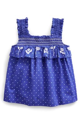 Mini Boden Kids' Embroidered Sleeveless Cotton Top in Bluing And Ivory Pin Spot