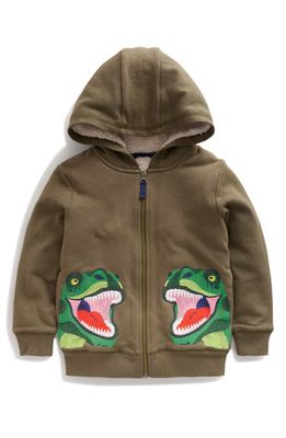 Mini Boden Kids' Embroidered T-Rex Fleece Lined Zip Hoodie in Classic Khaki Dinosaur