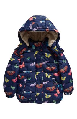 Mini Boden Kids' Everyday Hooded Puffer Jacket in Navy Butterflies