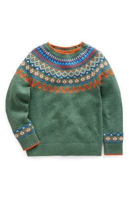Mini Boden Kids' Fair Isle Cotton Blend Crewneck Sweater in Monster Green Marl
