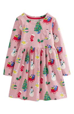 Mini Boden Kids' Festive Print Long Sleeve Cotton Jersey Dress in Almond Pink Festive