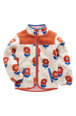Mini Boden Kids' Floral Colorblock High Pile Fleece Zip-Up Jacket in Oatmeal Flower