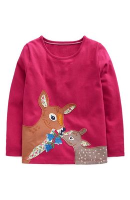 Mini Boden Kids' Floral Deer Appliqué Long Sleeve Cotton T-Shirt in Penelope Pink Deer