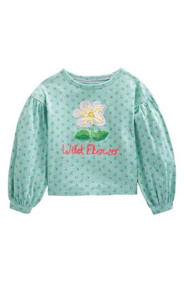 Mini Boden Kids' Floral Embroidered Balloon Sleeve Cotton Top in Turquoise Blue Wild Flower