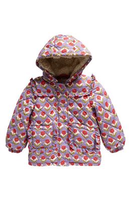 Mini Boden Kids' Floral Hooded Puffer Jacket with High Pile Fleece Lining in Aster Purple Woodblock Flower