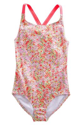 Mini Boden Kids' Floral Print Crisscross One-Piece Swimsuit in Vanilla Pod Spring Time Floral