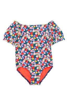 Mini Boden Kids' Floral Puff Sleeve One-Piece Swimsuit in Starboard Rainbow Ditsy
