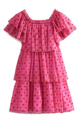 Mini Boden Kids' Flutter Sleeve Tiered Tull Party Dress in Strawberry Pink Hearts