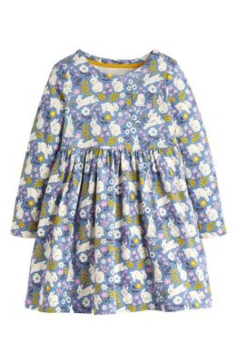 Mini Boden Kids' Fun Bunny Print Long Sleeve Cotton Jersey Dress in Riviera Blue Bunny